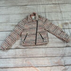 River Island Pink Boucle Zip Up Glitter Coat Biker Jacket Girls Size 9-10 Years